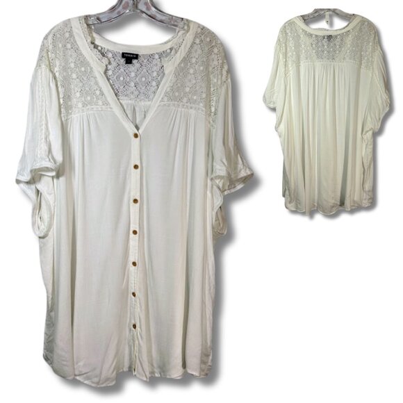 Torrid 6 6X Button Down White Blouse Peasant Top Crochet Cottage Flowy Lace Boho - Picture 1 of 10
